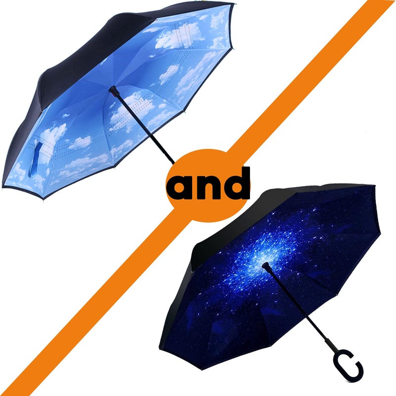 SIEPASA 49/56 Inch Inverted Reverse Upside Down Umbrella, Extra Large Double Canopy Vented Windproof Waterproof Stick Golf Umbrellas with C-shape Handle.(Sky Blue & Starry Sky, 2 pack, 49 Inch) - Image 2